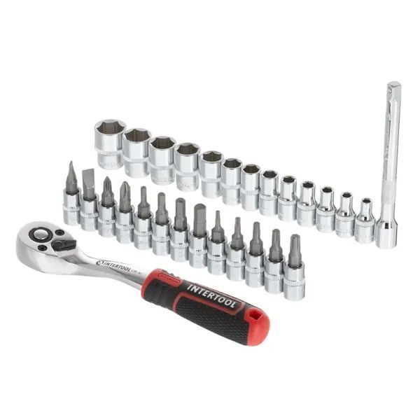 Набір головок 1/4" 4-14 мм., TORX, PH, HEX, SL, подовжувач, рукоятка з храповим механізмом 72 зуби, 28 од., CrV STORM INTERTOOL ET-8018 ET 8018 фото