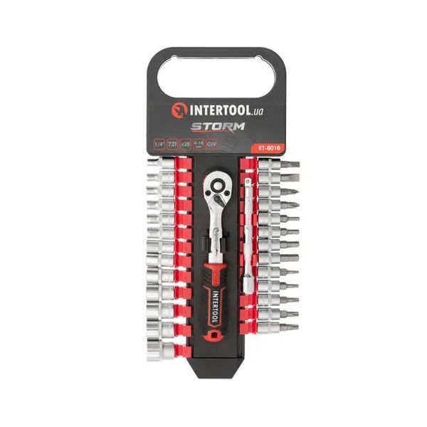 Набір головок 1/4" 4-14 мм., TORX, PH, HEX, SL, подовжувач, рукоятка з храповим механізмом 72 зуби, 28 од., CrV STORM INTERTOOL ET-8018 ET 8018 фото